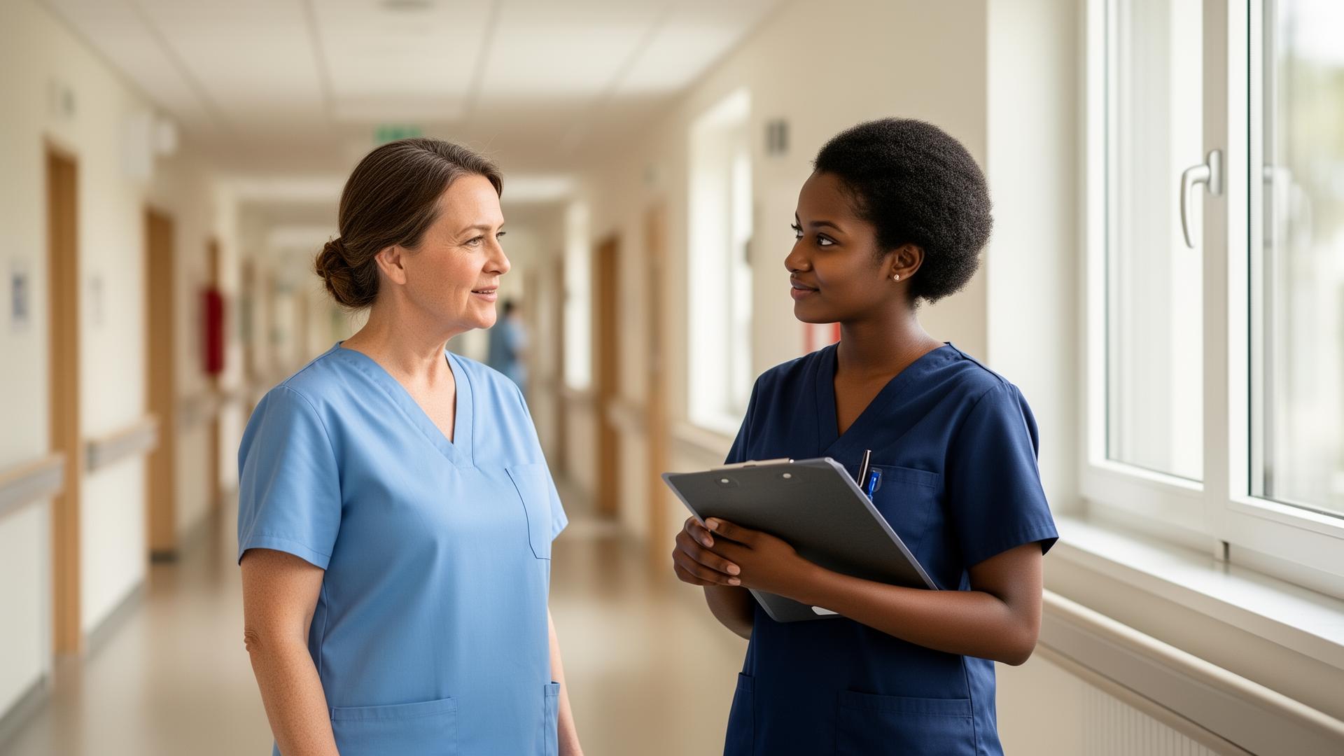 Internationale Auszubildende im Gespräch mit erfahrener Kollegin im Klinikalltag