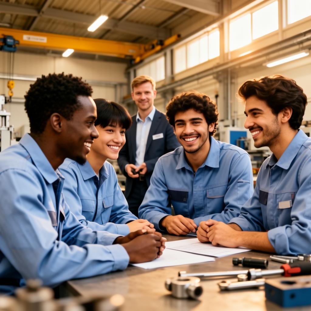 Internationale Auszubildende lernen gemeinsam mit deutschem Trainer in einer Werkstatt